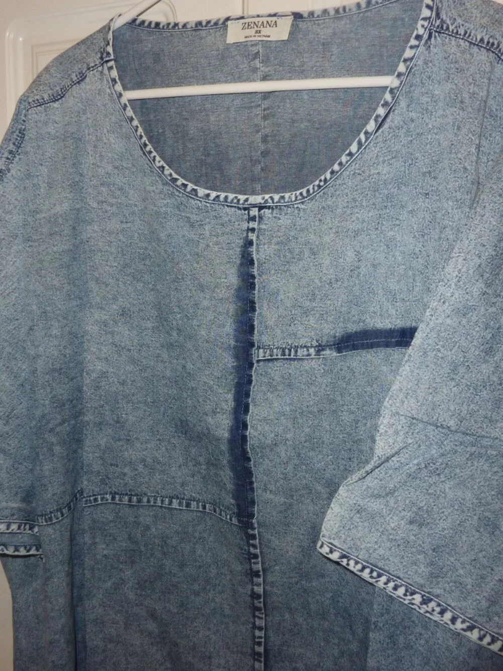 NWT Zenana Medium Blue Chambray Crewneck SS Shirt Size 3X - Picture 2 of 4